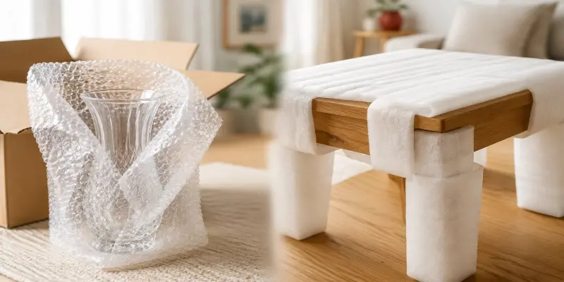 مقایسه نایلون حبابدار برای ظرف شیشه ای و فوم پلی اتیلن برای محافظت از وسیله چوبی