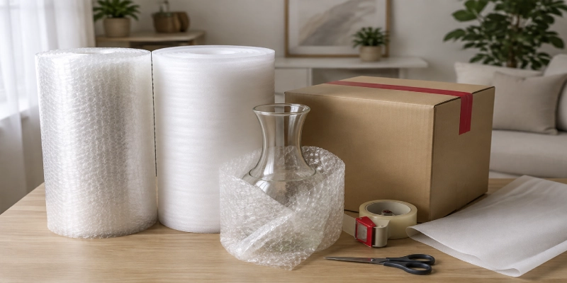 لوازم بسته بندی اسباب کشی شامل نایلون حبابدار سه لایه و فوم پلی اتیلن رولی